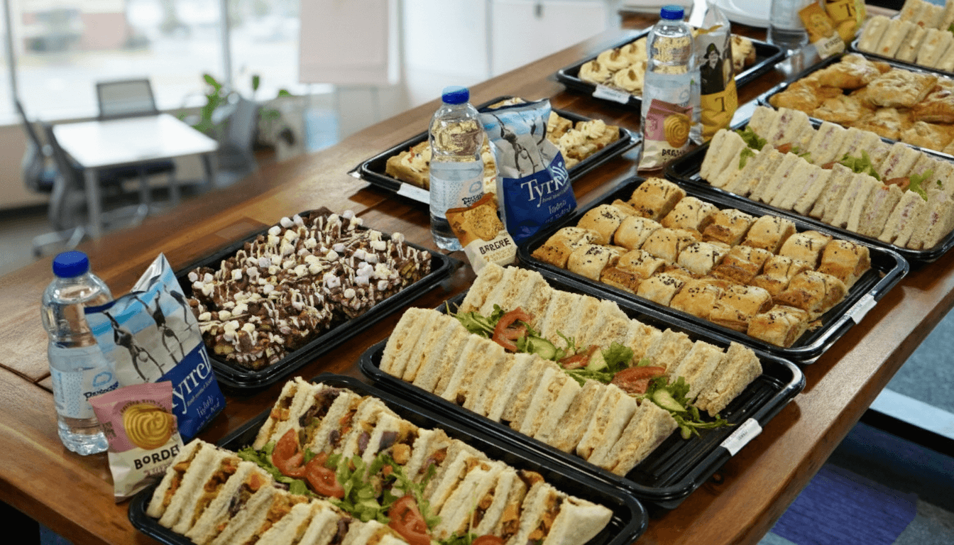 A spread of sandwich platters with a selection of fresh snacks, bottled drinks, and crisps, ideal for office events.
